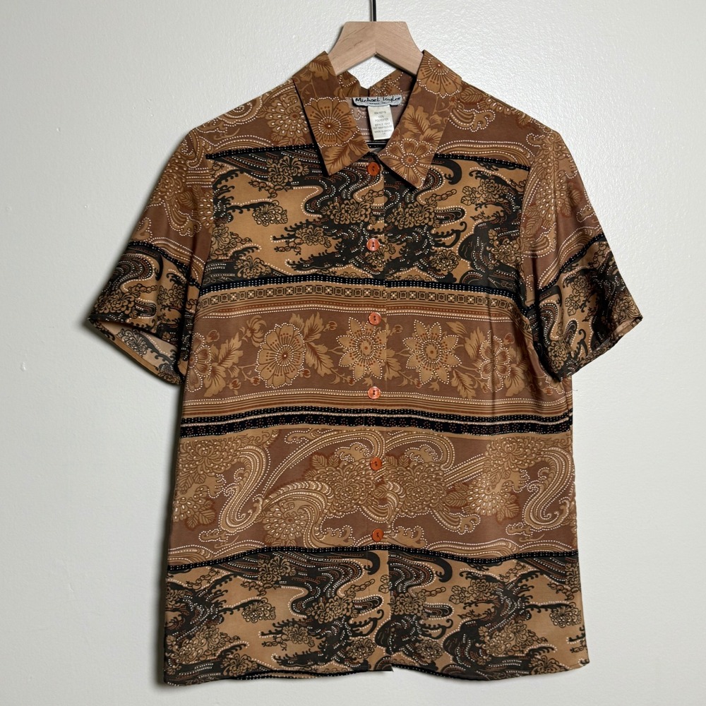 Michael Taylor VTG Short Sleeve Blouse‎ 14 Brown Batik Floral Paisley Retro 70s